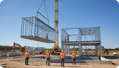 Modular building structure being assembled on a site