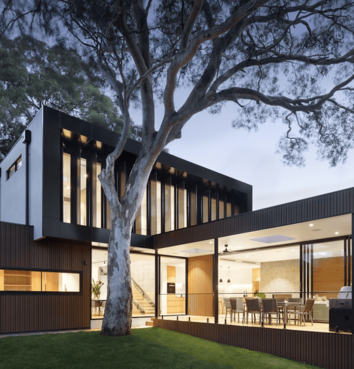 Modern modular home exterior at dusk