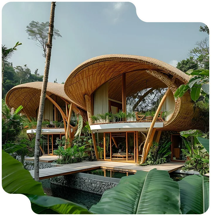 Jerrni bamboo home nestled in tropical greenery