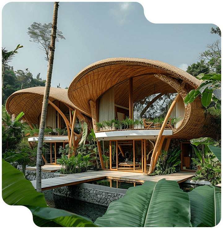 Jerrni bamboo home nestled in tropical greenery