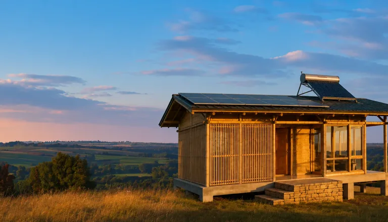 Off-grid bamboo home with rooftop solar on a hilltop at sunset
